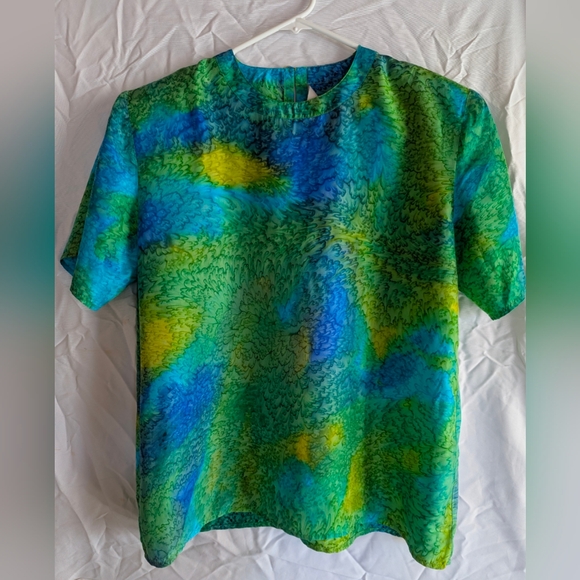 NWT Women's 14 Vintage 100% Silk Watercolor Abstract Blouse Top - Picture 1 of 7